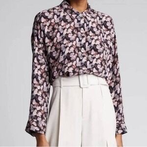 Vince Silk Blouse XL Micro Painted Floral  Black Violet Long Sleeve Top Like New